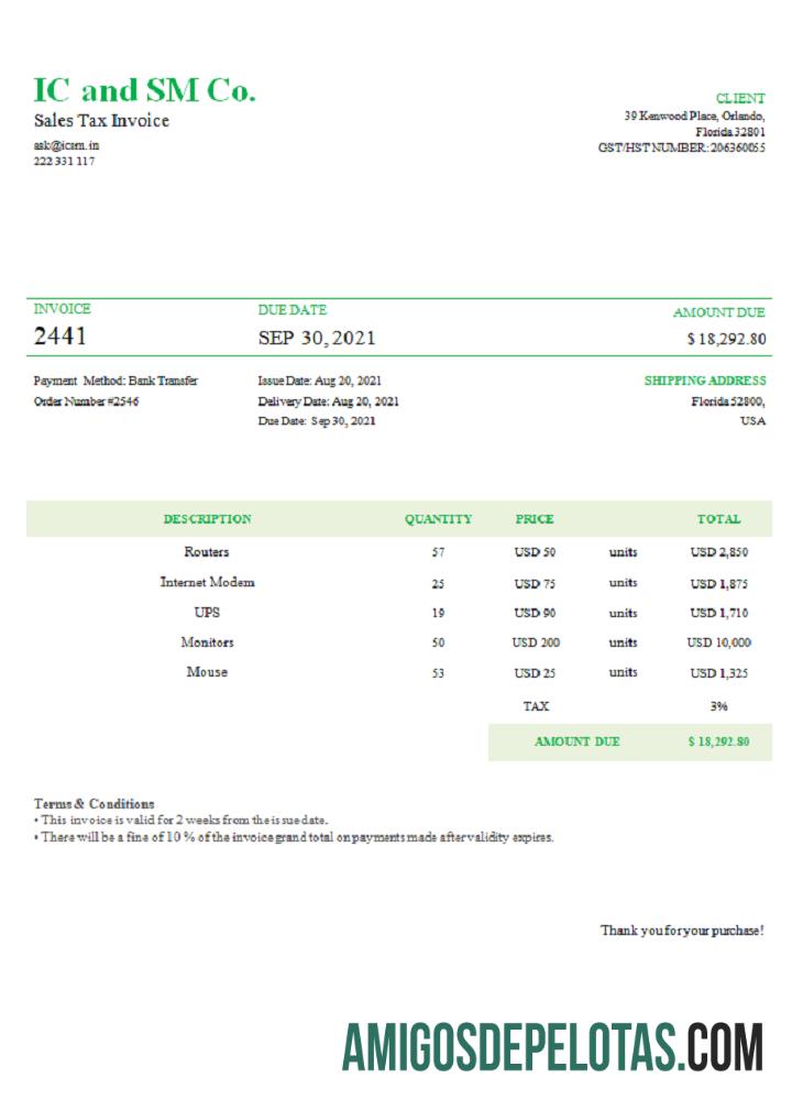 Fatura dos EUA IC e SM Co. baixar para verificação